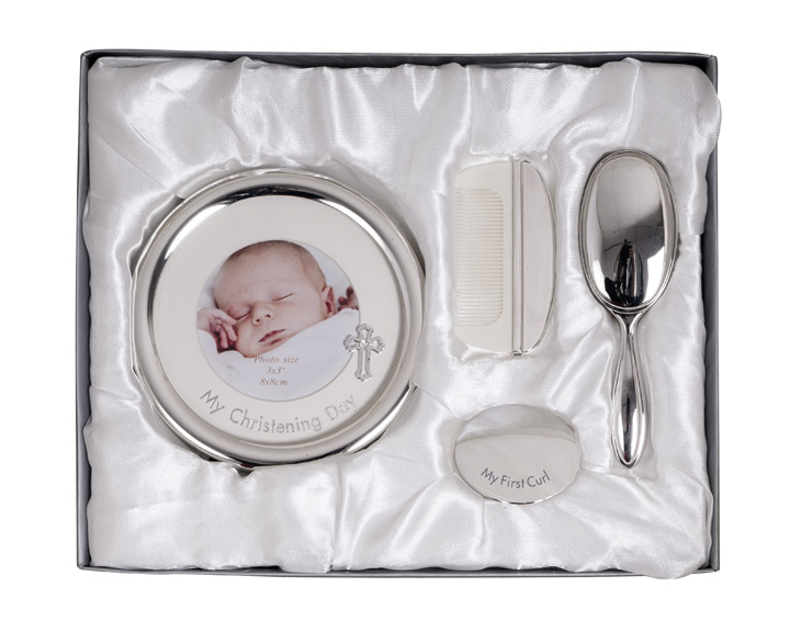 01. \"Christening Day\" Silverplate Frame, Brush & Comb & First Cu