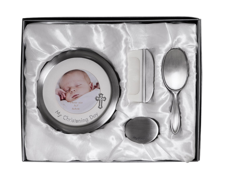 03. \"Christening Day\" Pewter Frame, Brush & Comb & First Curl