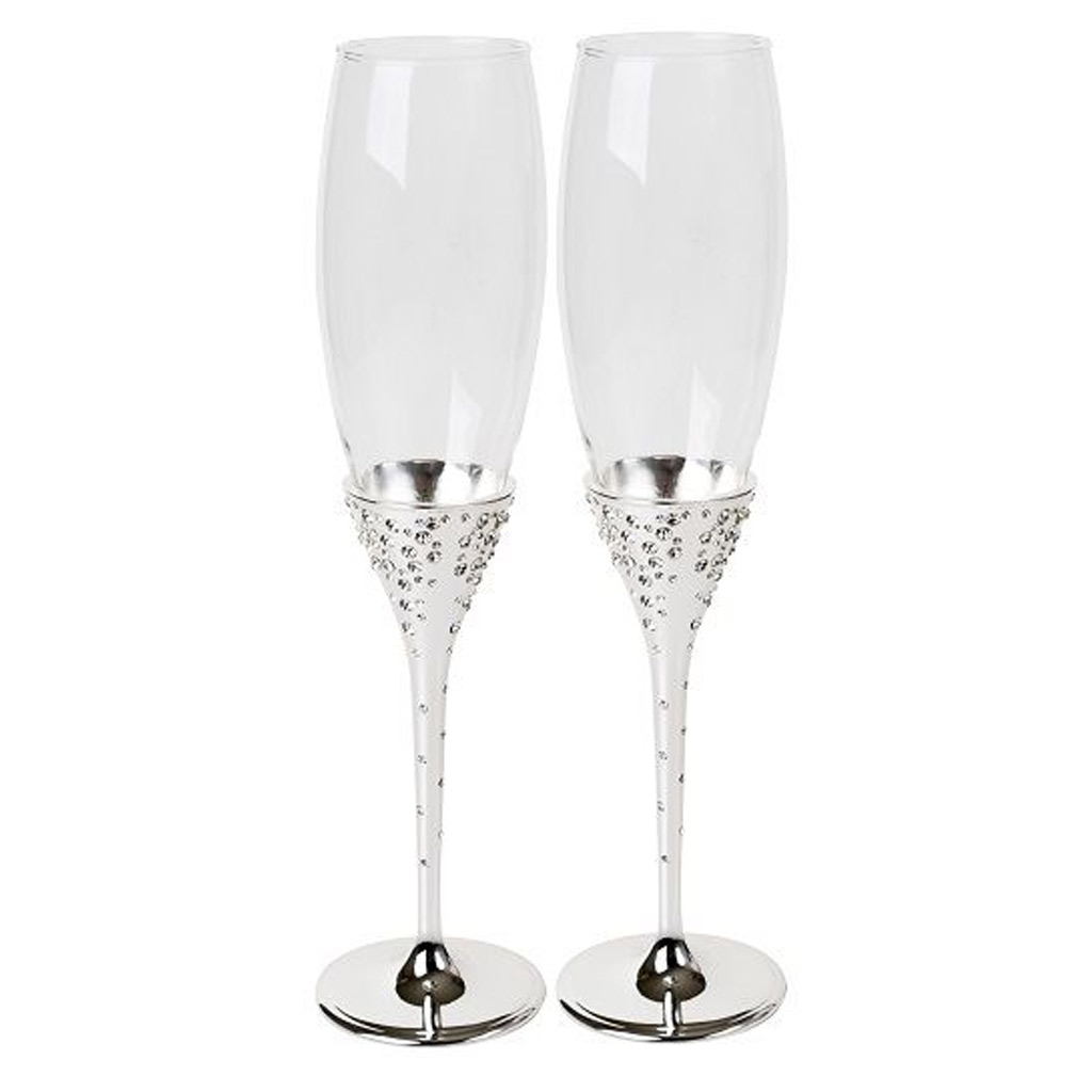 01. Champagne Flutes Set of 2 Silver Plate with Crystals